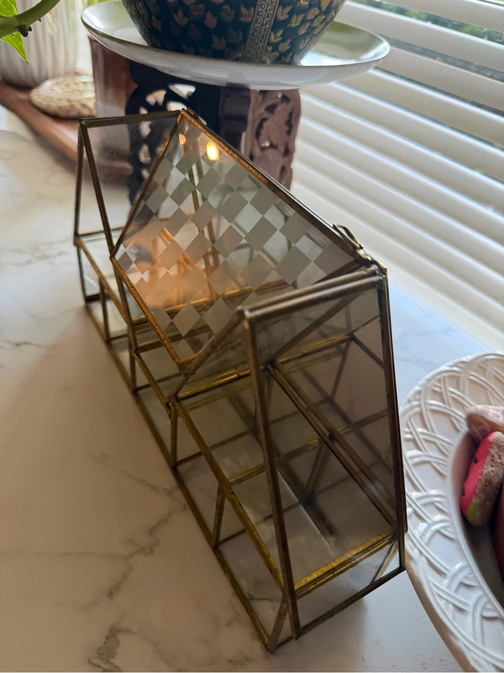 Vintage MCM Glass and Brass Tiered House Trinket Shelf - Gold